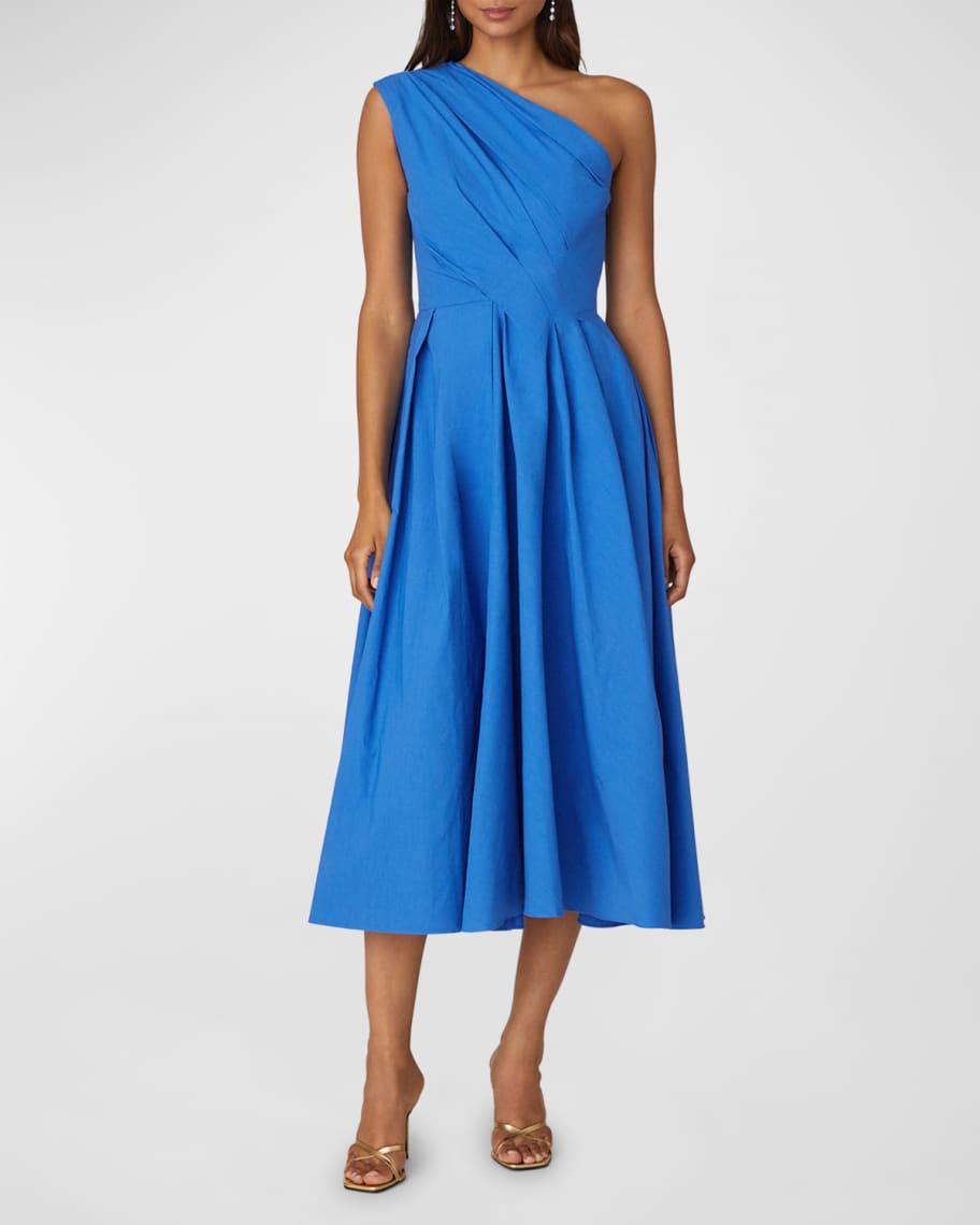 Pleated One-Shoulder Faille Taffeta Midi Dress | Neiman Marcus