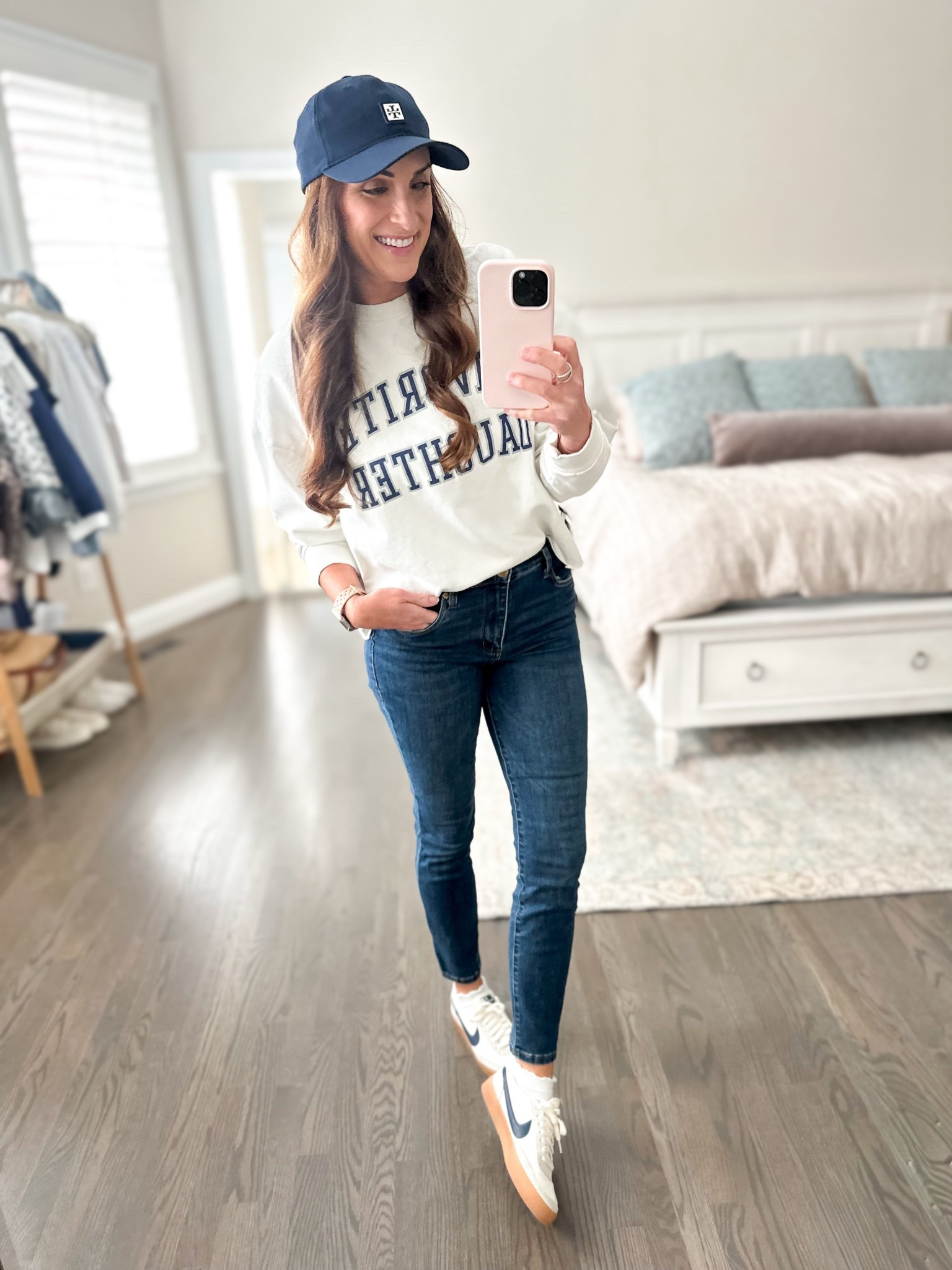 A simple baseball mom fit! Favorite Daughter sweatshirt paired with skinny denim, Nike Killshots and a Tory hat. 💙

#LTKootd #LTKActive #LTKmomlife