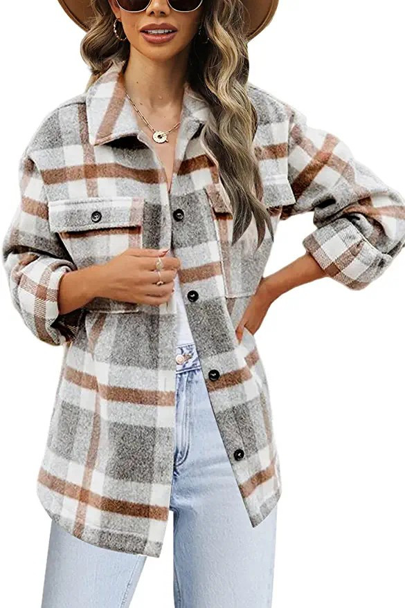 Beaully Women's Flannel Plaid Jacket Long Sleeve Button Down Chest Pocketed Shirts Coats Shacket | Amazon (US)
