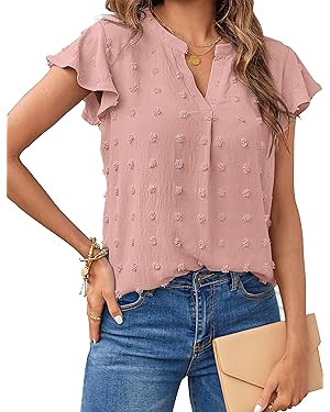 MEROKEETY Women 2024 Summer V Neck Ruffle Short Sleeve Blouse Swiss Dot Flowy Shirt Tunic Top | Amazon (US)
