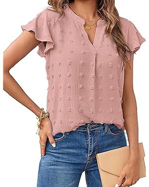 MEROKEETY Women 2024 Summer V Neck Ruffle Short Sleeve Blouse Swiss Dot Flowy Shirt Tunic Top | Amazon (US)