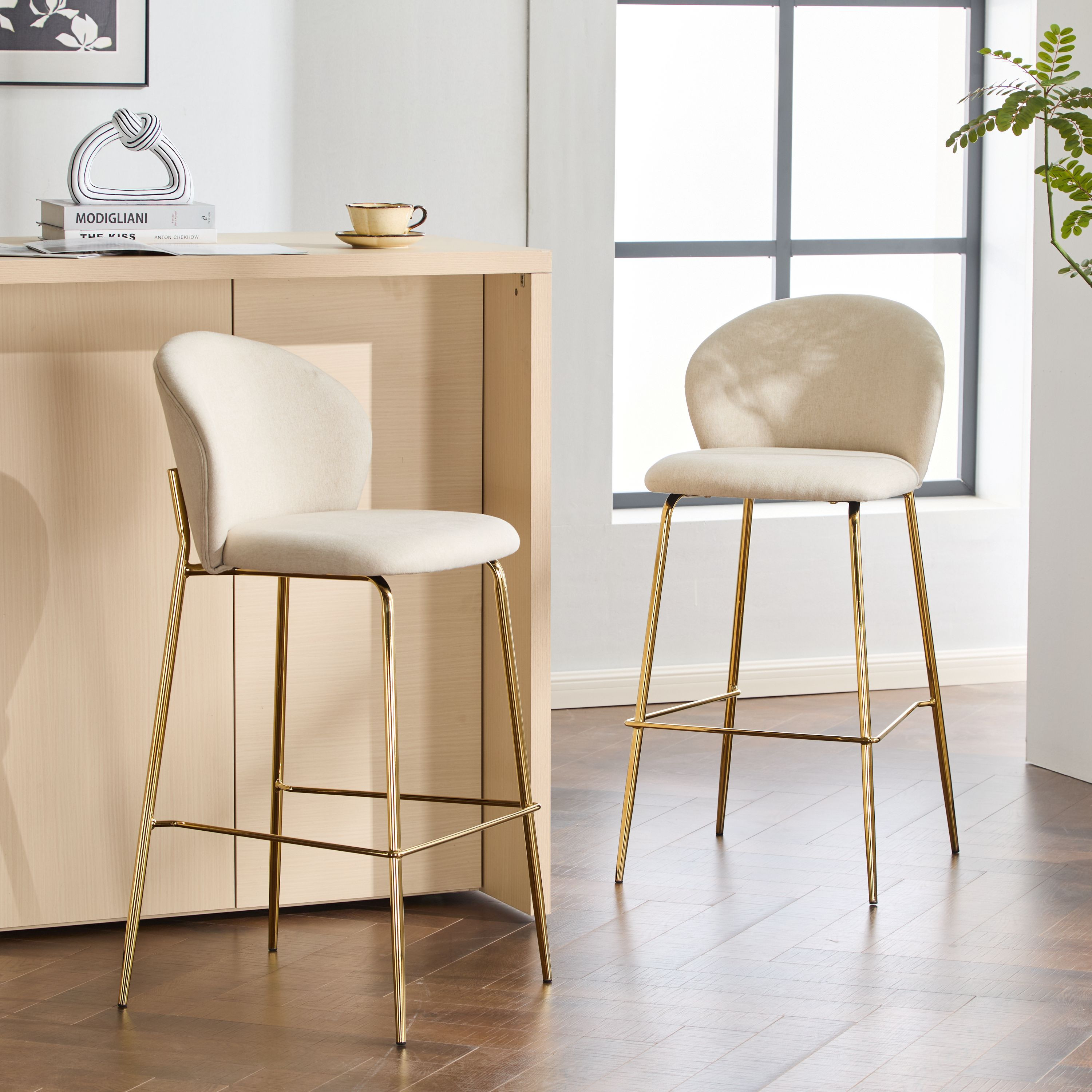 Christopher Knight Home Kira Modern Upholstered Bar Stools Set of 2 with Gold Metal Frame and Low Back Design-Beige+Gold one_size | 326250 | Lowe's