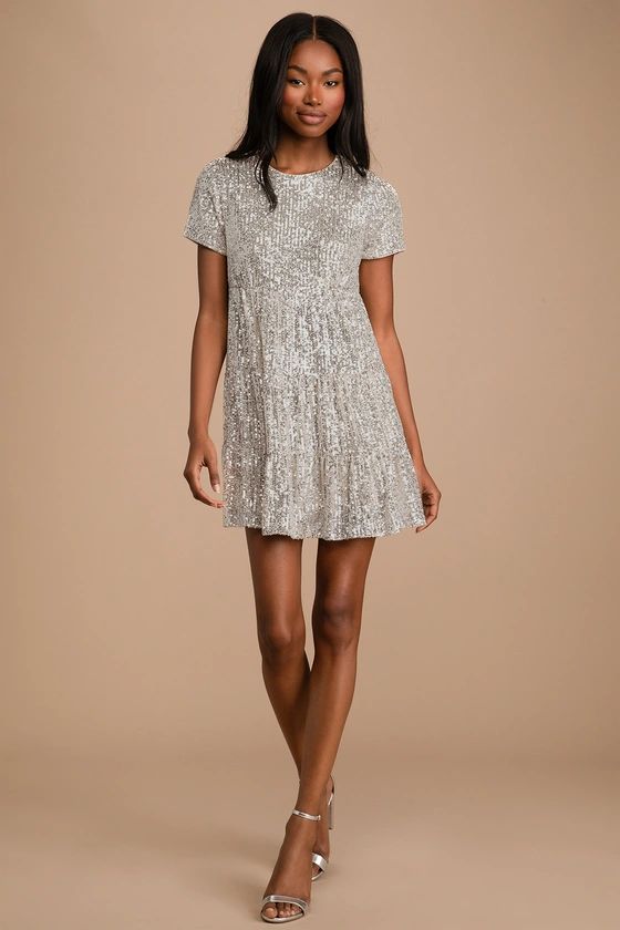 Taking a Shine Silver Sequin Tiered Mini Shift Dress | Lulus (US)