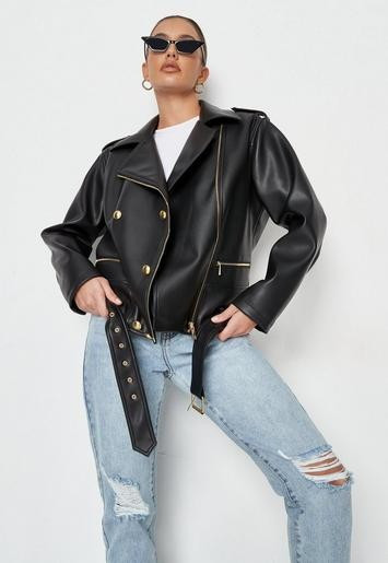 Missguided - Black Faux Leather Military Button Biker Jacket | Missguided (UK & IE)
