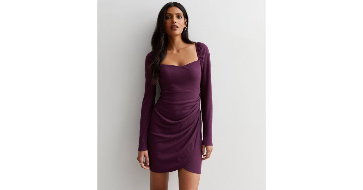 Dark Purple Ribbed Square Neck Wrap Mini Dress
						
						Add to Saved Items
						Remove from ... | New Look (UK)