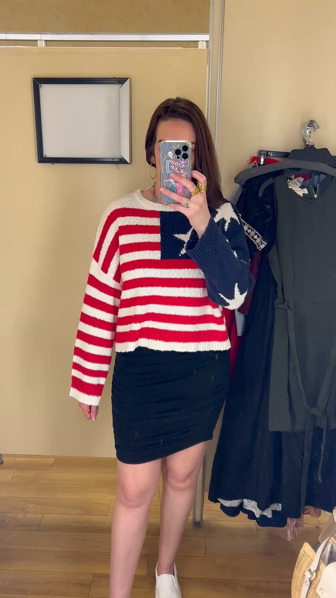 American Flag Sweater (medium). Black sleeveless ruched dress (small). #summeroutfit #summerstyle #sweater #sweaters #americanflag #americanflagsweater #blackdress #dress #dresses #rucheddress #sleevelessdress 

#LTKFindsUnder100 #LTKStyleTip #LTKSummerEdit