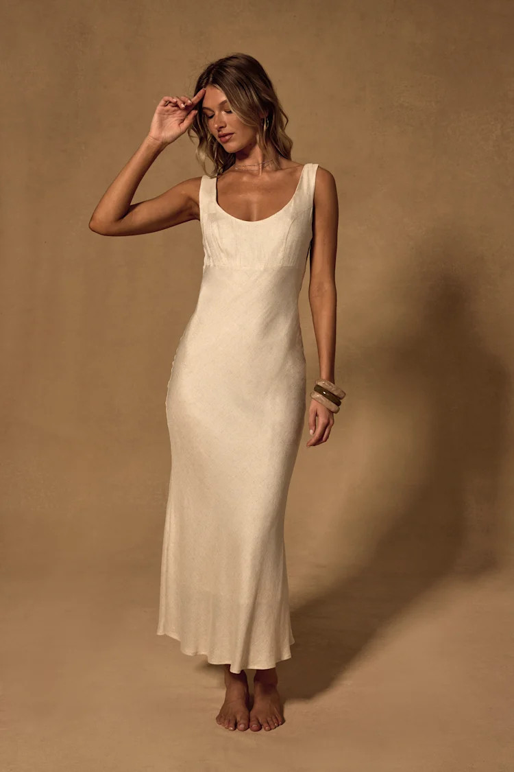 Catia Light Beige Linen Scoop Neck Midi Dress | Lulus