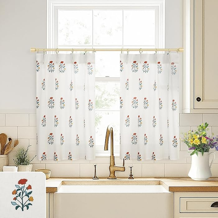 Kitchen Window Curtains Over Sink,Cafe Curtains 24 Inch Length,Vintage Red Floral Farmhouse Count... | Amazon (US)