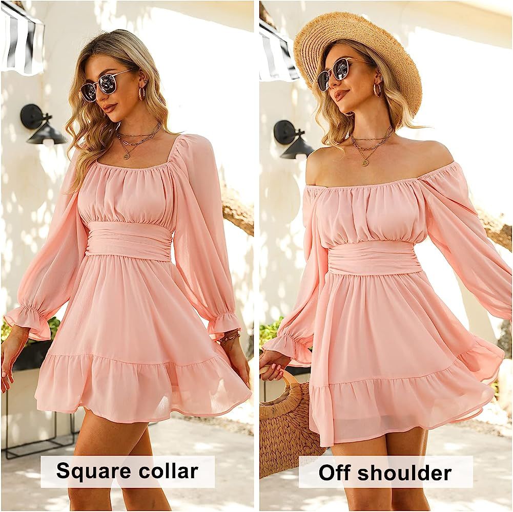 EXLURA Women Tie Back Long Lantern Sleeve Square Neck Ruffle Dress Elastic Waist Aline Casual Mini D | Amazon (US)