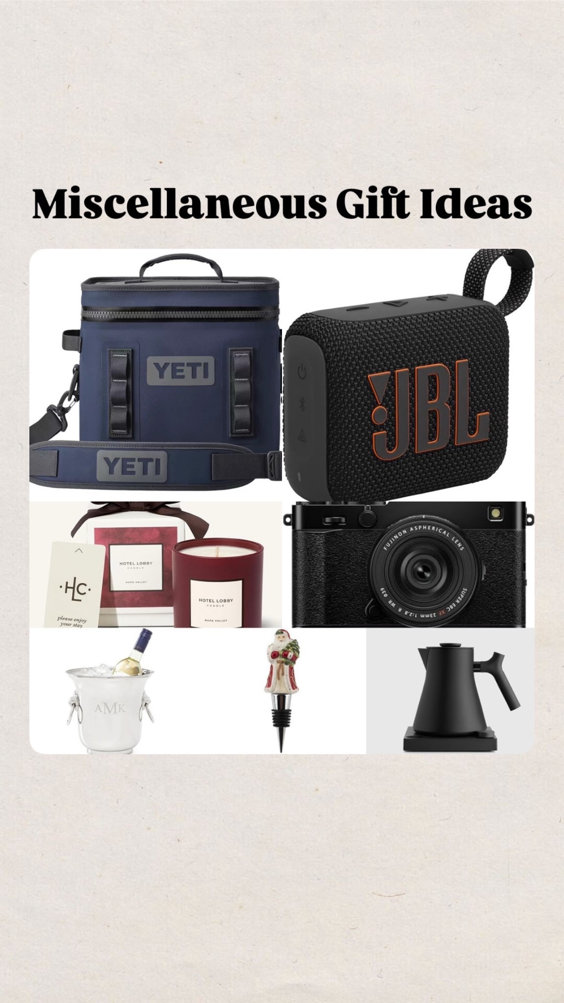 Miscellaneous gift ideas
Portable speaker
Yeti cooler
Candle
Camera
Tea kettle
Ice bucket
Champagne bucket 
Gifts for in-laws
Gifts for him 

#LTKFindsUnder100 #LTKGiftGuide #LTKSaleAlert