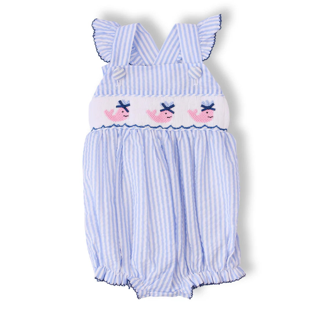 Girls Pink Whale Smocked Seersucker Bubble | Lillie & Lilah