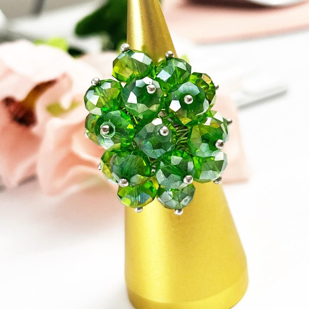Vintage Green Aurora Borealis AB Beaded Cluster Adjustable Ring - Etsy | Etsy (US)