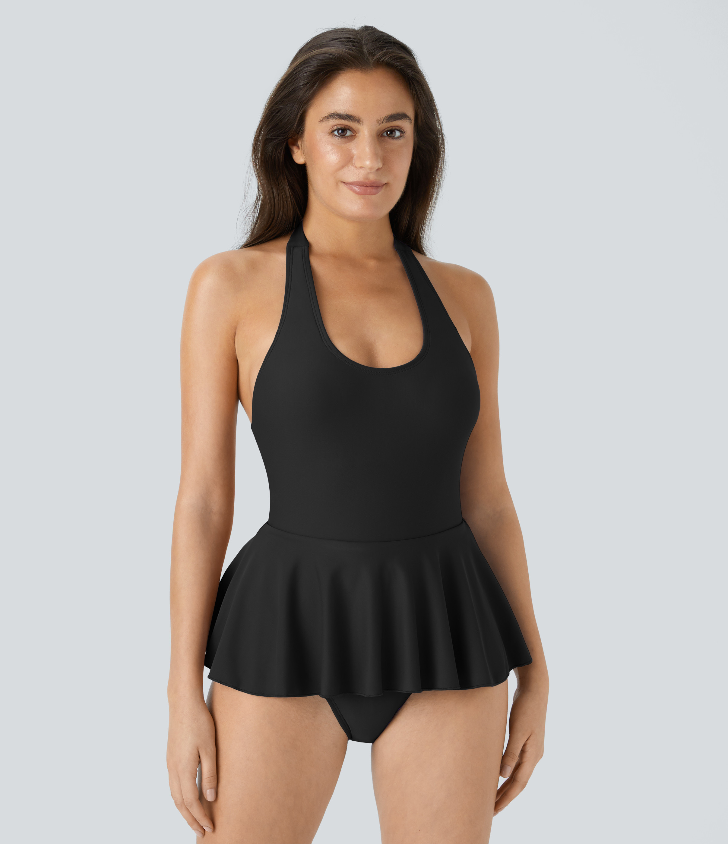 Halara Halter Pleated One Piece Swimsuit  - Black - S | HALARA