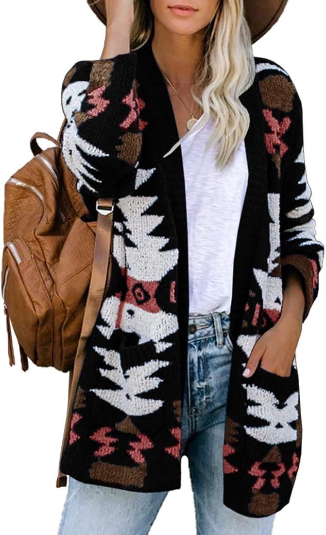 FERBIA Women Boho Cardigan Aztec Open Front Loose Slouchy Sweaters Tribal Long Sleeve Knitted Chr... | Amazon (US)
