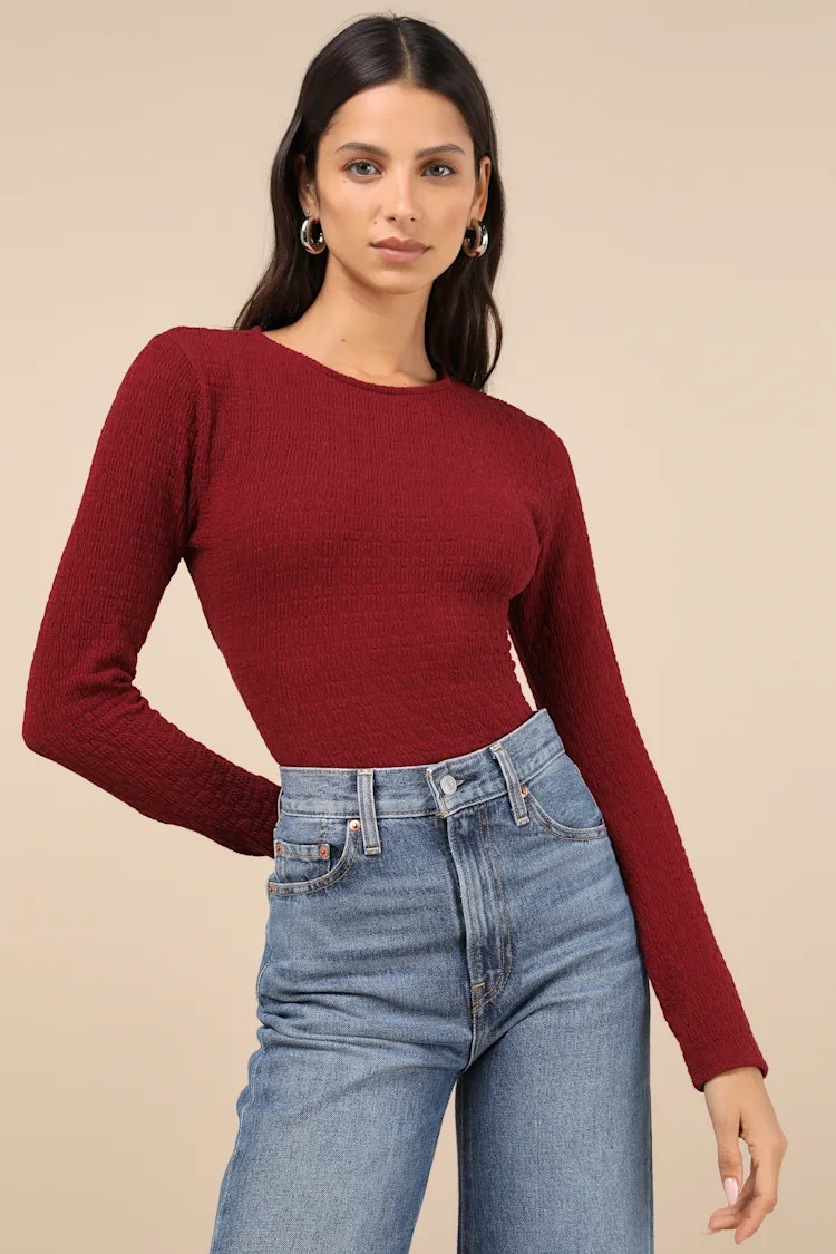 Iconic Composure Wine Red Textured Twist-Back Long Sleeve Top | Lulus