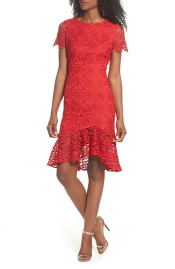 Women's Eliza J Ruffle Hem Lace Sheath Dress, Size 0 - Red | Nordstrom