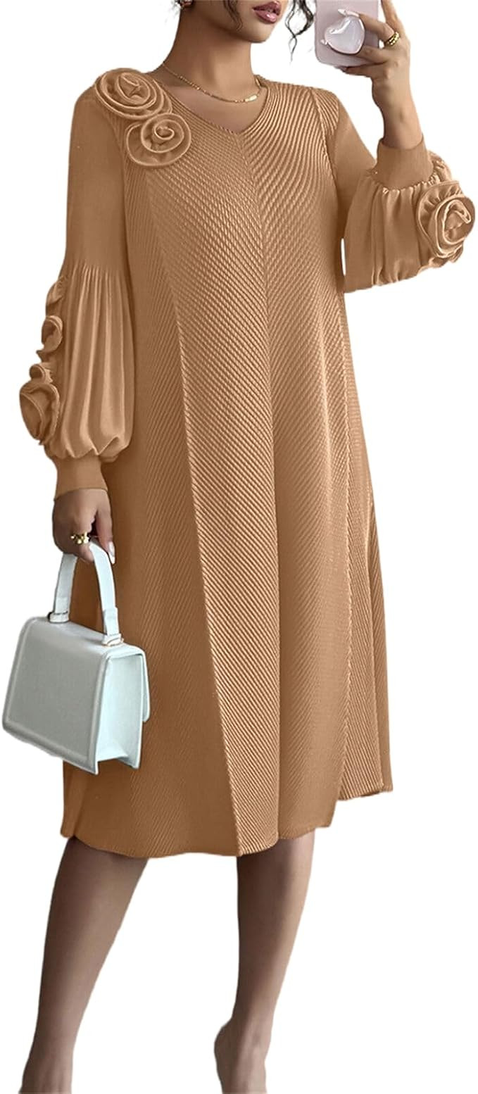 Womens Pleated Midi Dress Casual Loose Long Sleeve High Knit Empire Waist Stretch V Neck Pleat Dr... | Amazon (US)