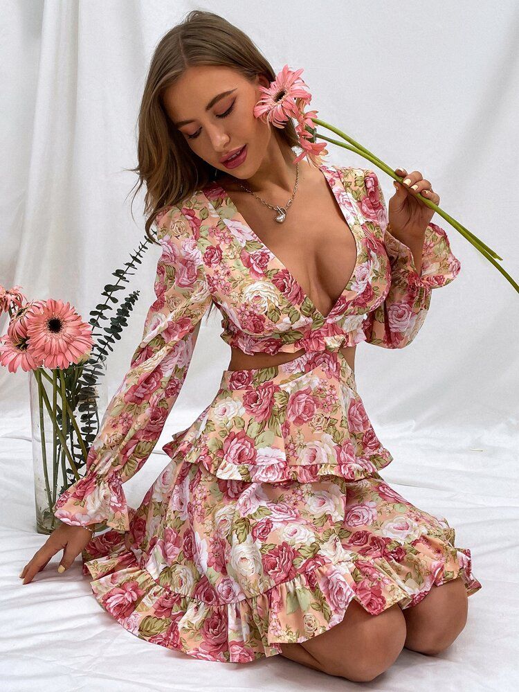 Floral Print Plunging Neck Tie Back Flounce Sleeve Chiffon Dress | SHEIN