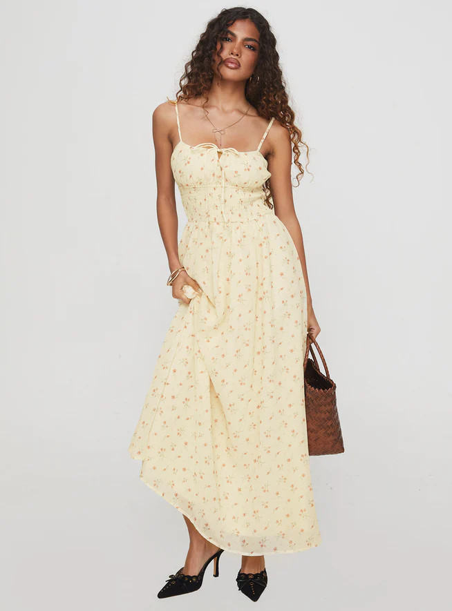 Pearle Shirred Maxi Dress Cream Floral | Princess Polly US