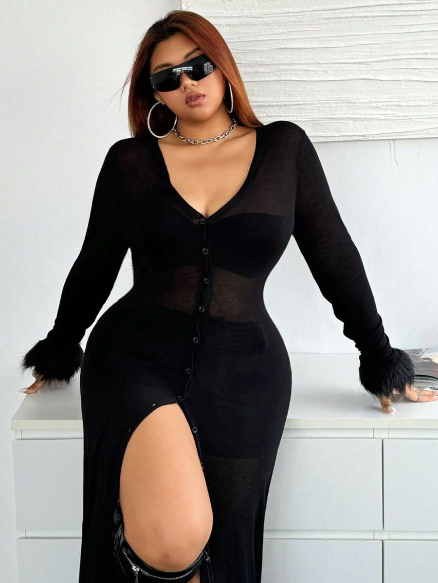 SHEIN ICON Plus Size Fleece Cuffs Knit Cardigan | SHEIN