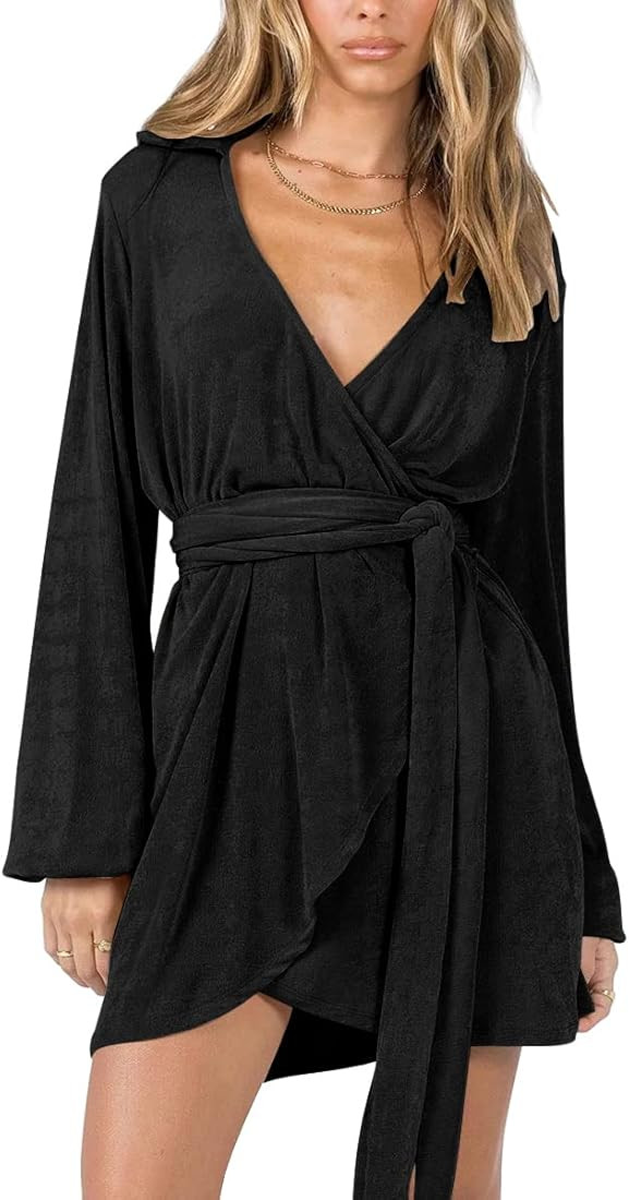 LILLUSORY Womens Fall Wrap Cocktail Dress Long Sleeve Deep V Neck Tie Waist Evening Dresses Pink ... | Amazon (US)