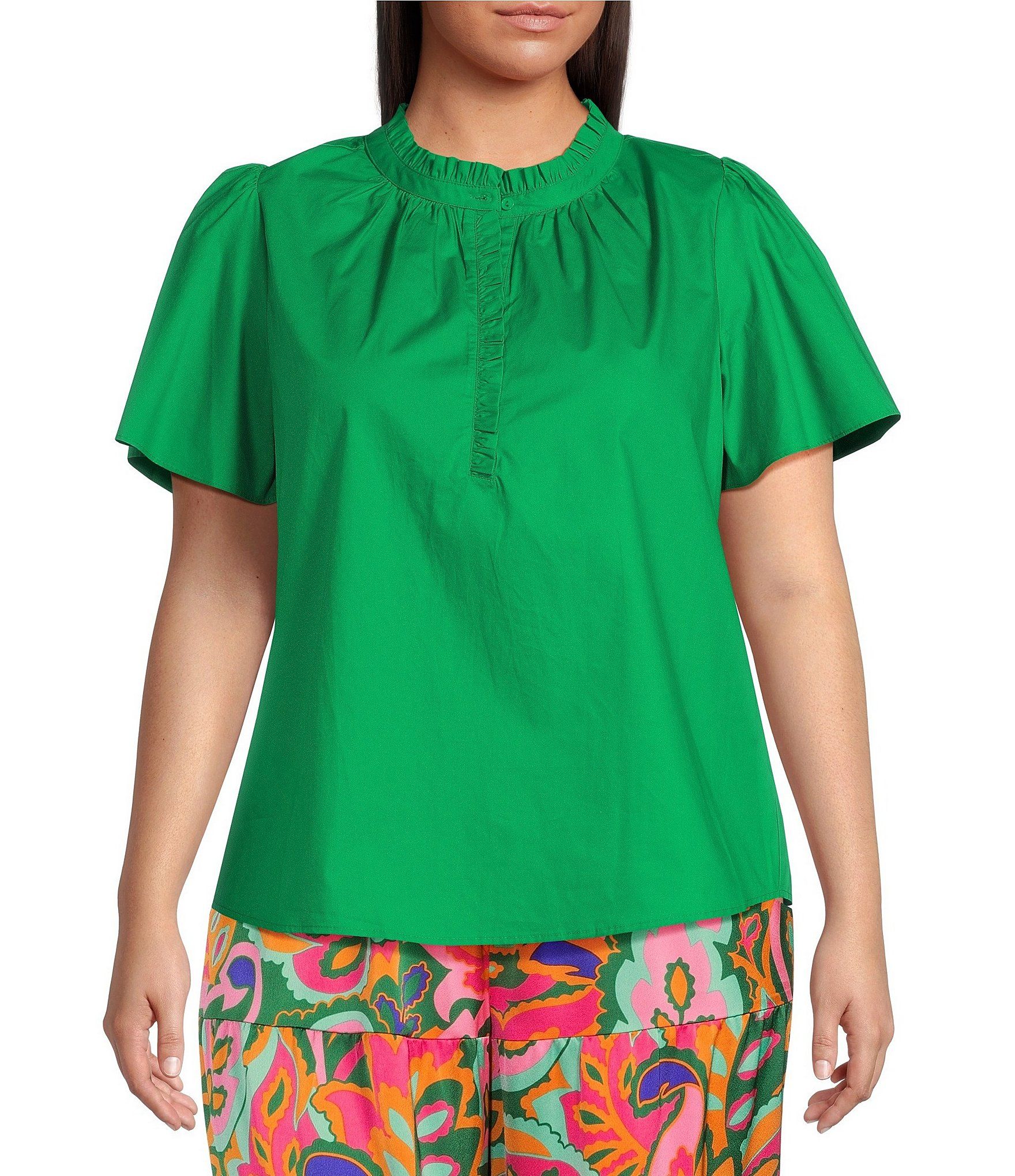 Sugarlips Plus Size Split V-Ruffle Neck Short Sleeve Blouse | Dillard's | Dillard's