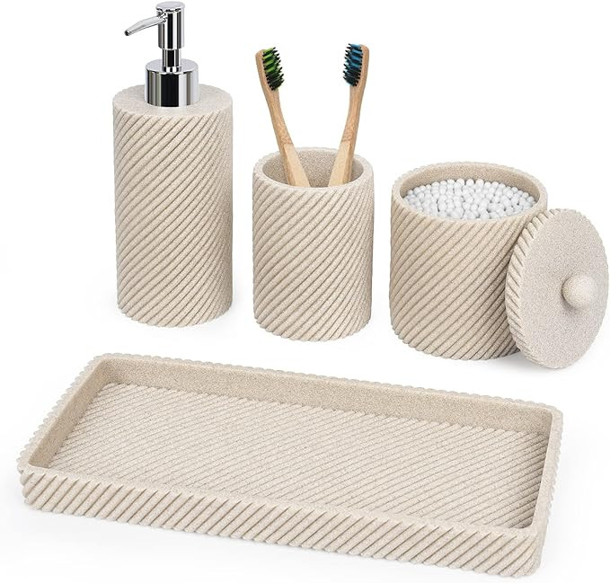 Bathroom Accessories Set 4Pcs-Lotion Soap Dispenser,Toothbrush Holder,Qtip Holder Dispenser,Vanit... | Amazon (US)