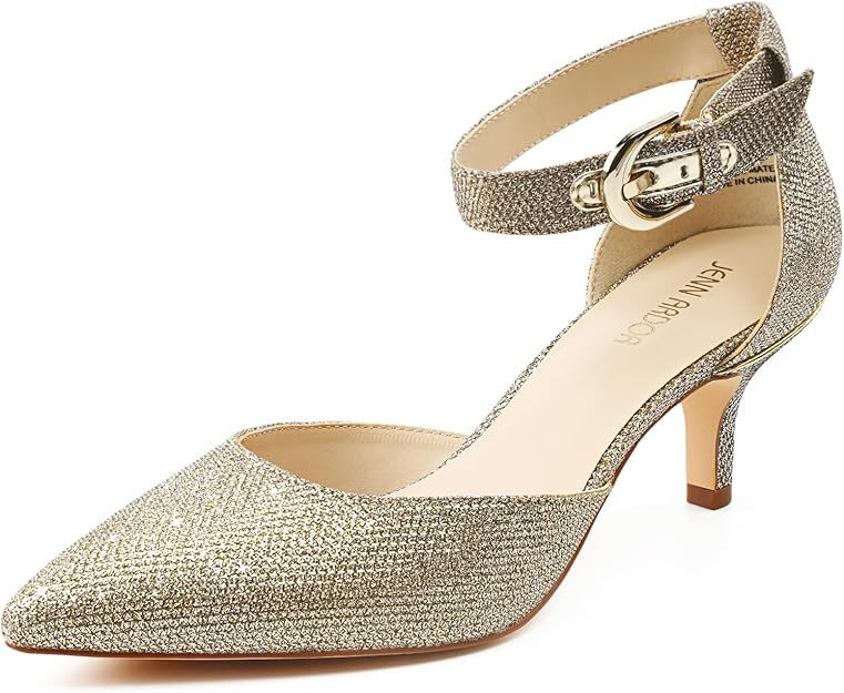 JENN ARDOR Women's Kitten Heel Pumps Ladies Closed Pointed Toe D'Orsay Ankle Strap Dress Stiletto | Amazon (US)