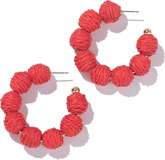 Amazon.com: Raffia Hoop Earrings Statement Boho Beaded Earrings Cute Rattan Handmade Colorful Jew... | Amazon (US)