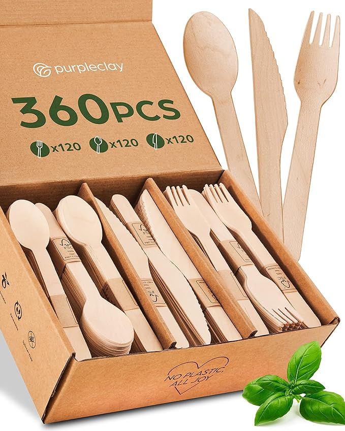 Wooden Compostable Utensils Set - 360 Pieces (120 Forks 120 Spoons 120 Knives) Sturdy Wood Dispos... | Amazon (US)