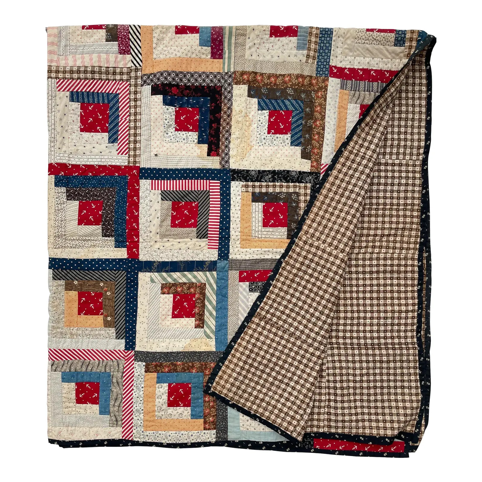 Antique Log Cabin Patterned Patchwork Quilt - | Chairish