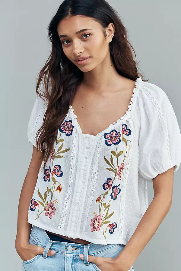 By Anthropologie 100% Cotton Embroidered Puff-Sleeve Blouse | Anthropologie (US)
