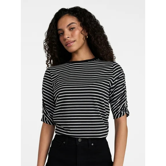 Time and Tru Women's Ruched Elbow Sleeve Tee, Sizes XS-XXXL | Walmart (US)