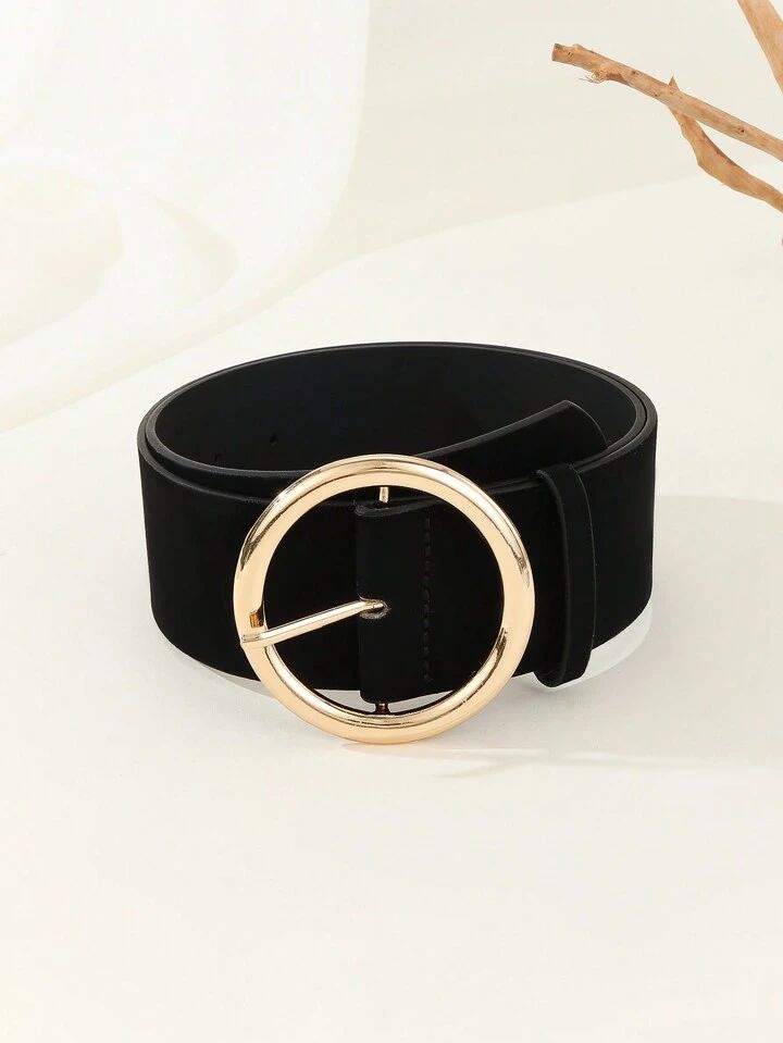 1pc Black Suede Leather Belt With Golden Buckle | SHEIN