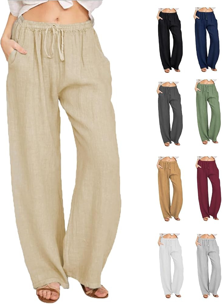 BRJR Women's Linen Pants 2024 New Casual Pants for Womens Wide Leg Loose Elastic Waist Palazzo Pa... | Amazon (US)