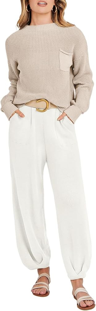 MEROKEETY Women's 2 Piece Outfits Sweater Set Long Sleeve Knit Pullover High Waist Pants Lounge S... | Amazon (US)