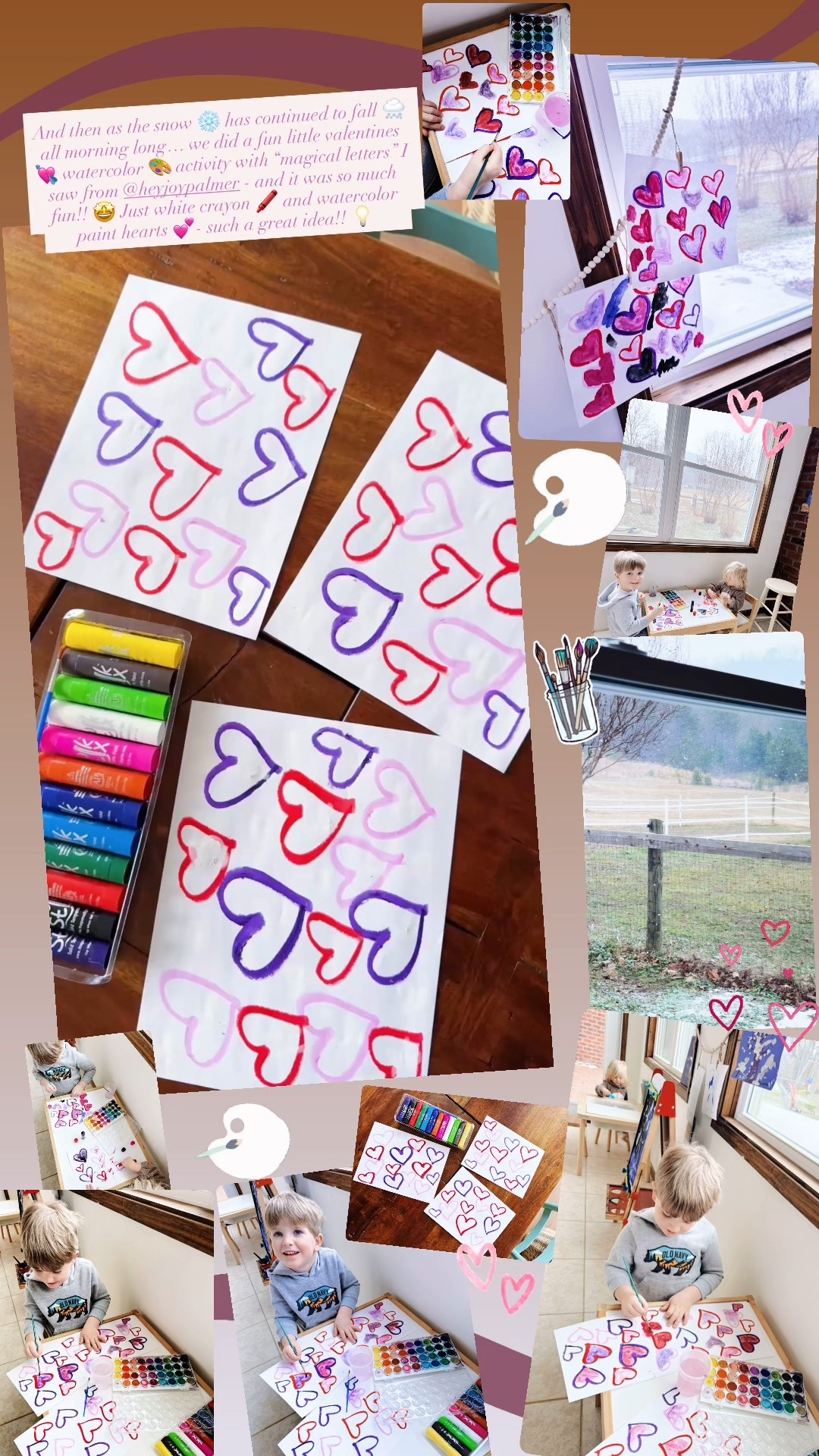 And then as the snow ❄️ has continued to fall 🌨️ all morning long… we did a fun little valentines 💘 watercolor 🎨 activity with “magical letters” I saw from @heyjoypalmer - and it was so much fun!! 🤩 Just white crayon 🖍️ and watercolor paint hearts 💕- such a great idea!! 💡 
