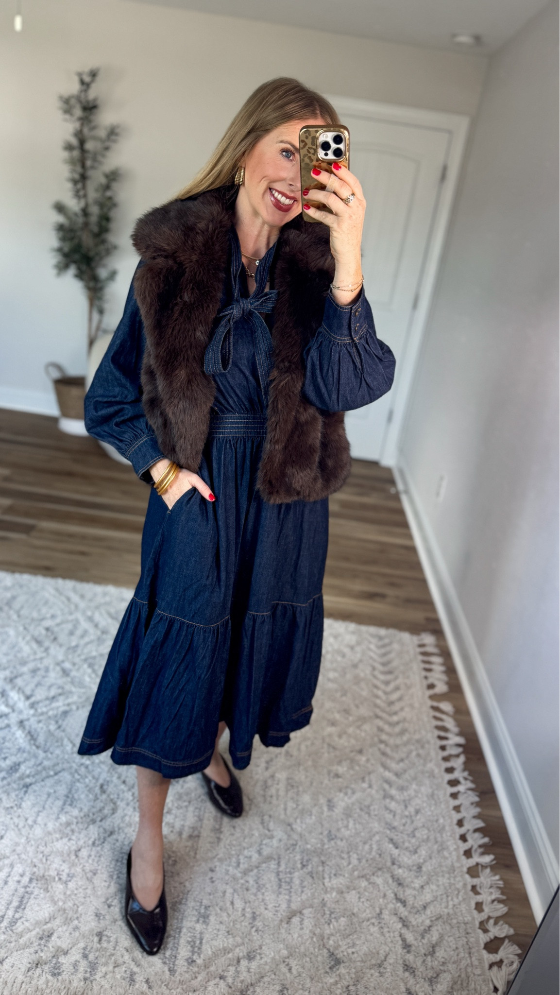 Daily try on, Walmart outfit, Walmart style, Walmart try on, scenario, faux fur vest, denim midi dress
