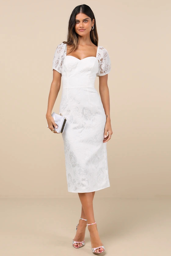 Odetta White Burnout Puff Sleeve Lace-Up Midi Dress | Lulus