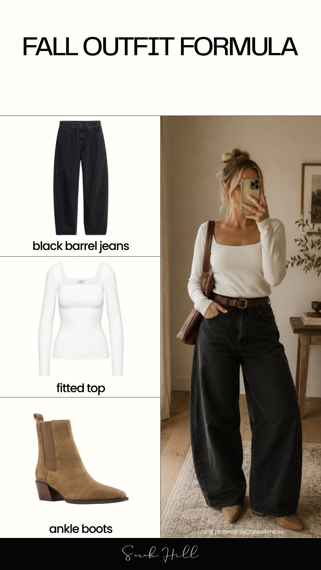 Fall outfit formula: black barrel jeans, white fitted square neck top, beige suede ankle boots 

 #LTKootd #LTKSeasonal