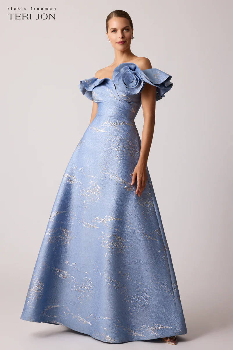 Off Shoulder Jacquard Ruffle Gown With Flower Applique | TERIJON