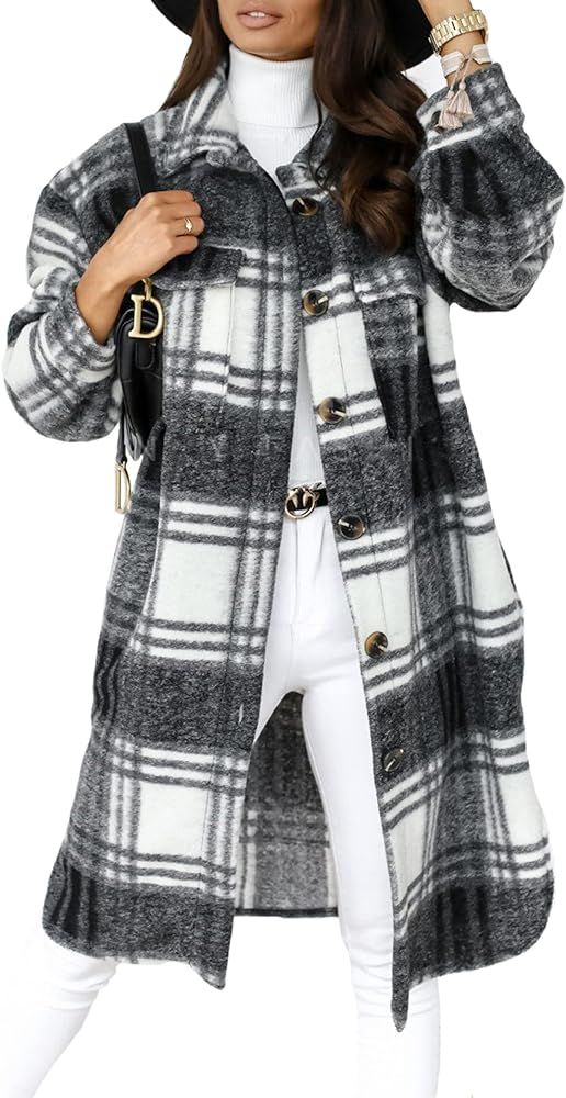 GEOUSLY Womens Long Sleeve Button Up Flannel Lapel Plaid Shacket Jacket Coat with Pockets | Amazon (US)