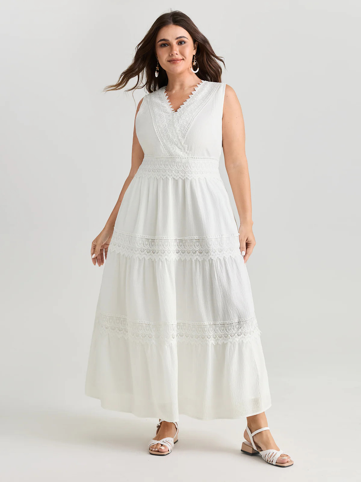 Lace Trim Overlap Neckline Tiered Maxi Dress | Bloomchic