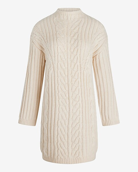 Cable Knit Mock Neck Long Sleeve Mini Sweater Dress | Express