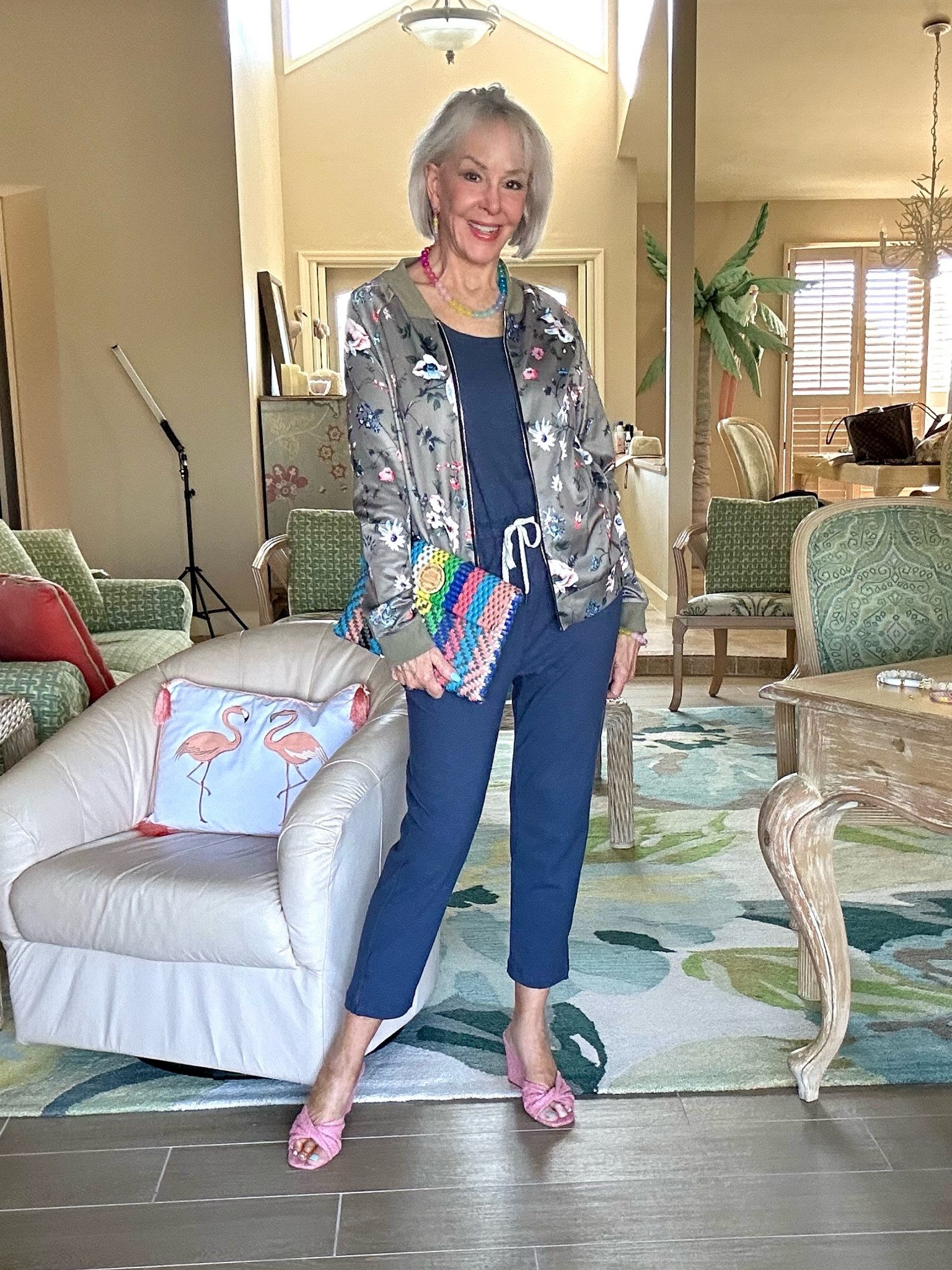Out of the blues….. softening up my color palette today with a blue denim knit jumpsuit. I layered it up with a little floral bomber jacket but styling options are endless. 
Wearing a small in jumpsuit and medium in jacket. Sandals run tts

@nordstrom @amazonfashion @anthropologie 
Jewelry @zenziistyle #over50 #silverhair #jumpsuit #athleisure #igreels #fashionreels

#LTKFind #LTKunder50 #LTKtravel