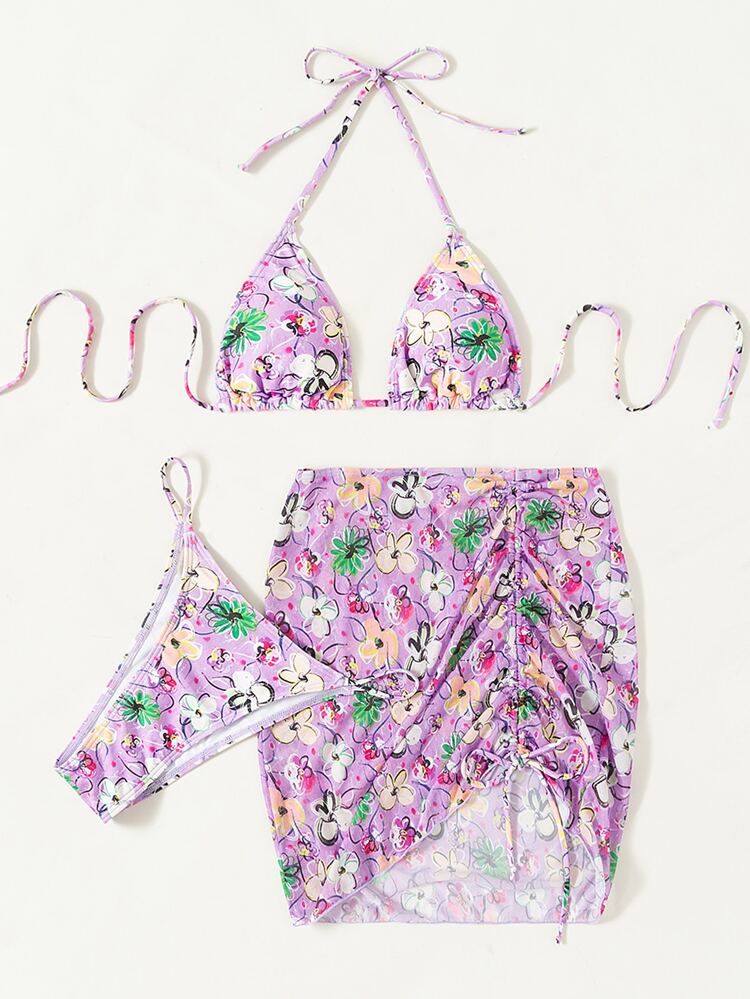 3pack Floral Print Halter Triangle Bikini Swimsuit & Beach Skirt | SHEIN