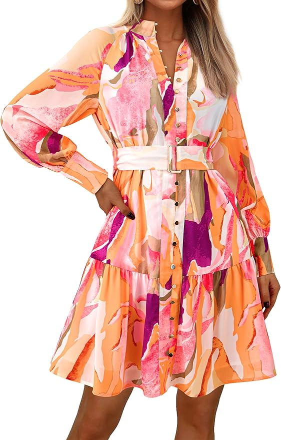 MASCOMODA Fall Dresses for Women 2024 Elegant Long Sleeve Button Short Floral Dress Chiffon A-Lin... | Amazon (US)