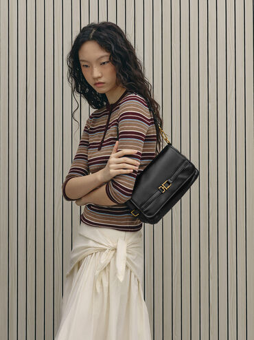 Gwynne Metallic-Buckle Belted Shoulder Bag
    
         - Black | Charles & Keith UK