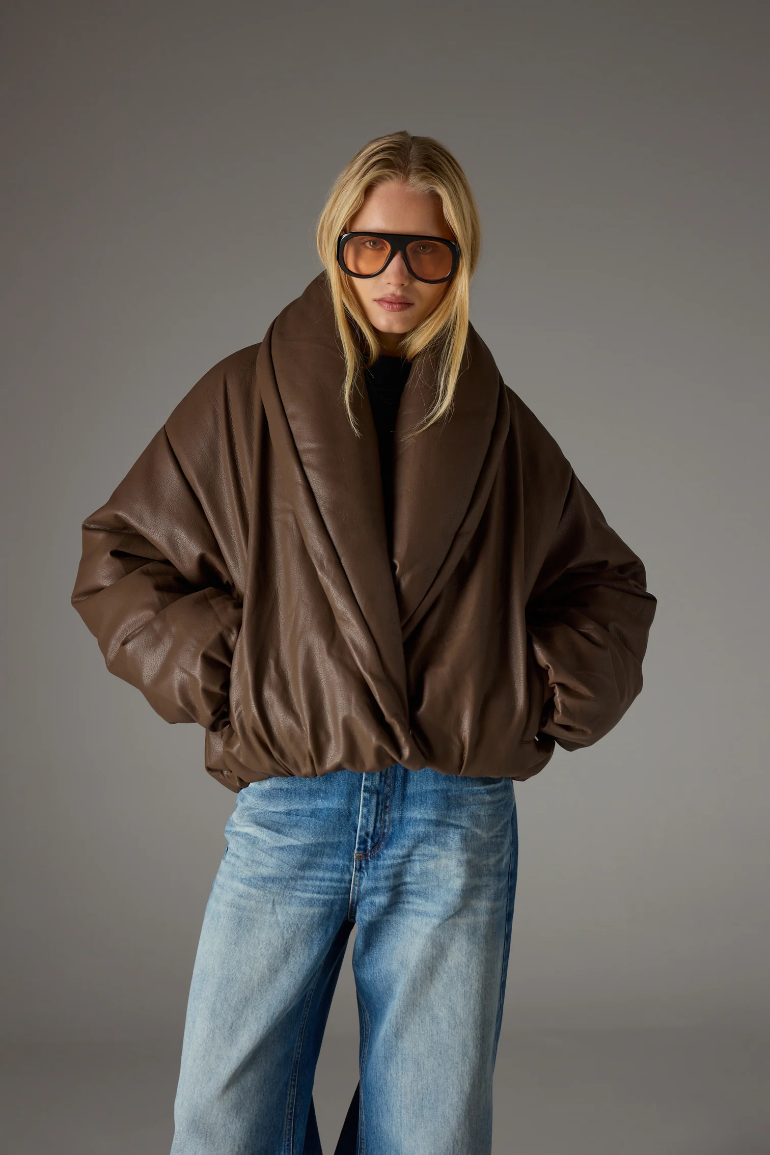 OVERSIZED COLLAR FAUX LEATHER PUFFER COAT - BROWN | The Couture Club