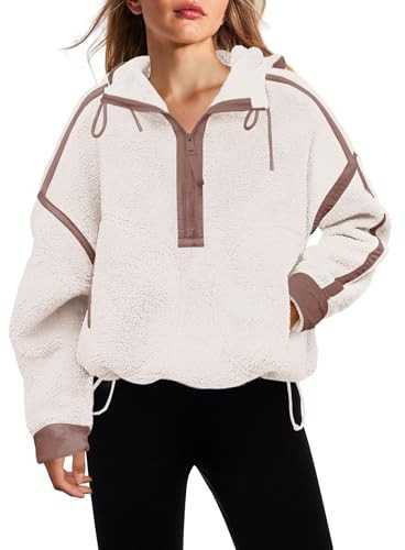 Panadila Womens Half Zip Fleece Pullover Oversized Hoodies Fuzzy Hooded Sweatshirt Cozy Sherpa Jacket (Beige,XL) | Amazon (US)